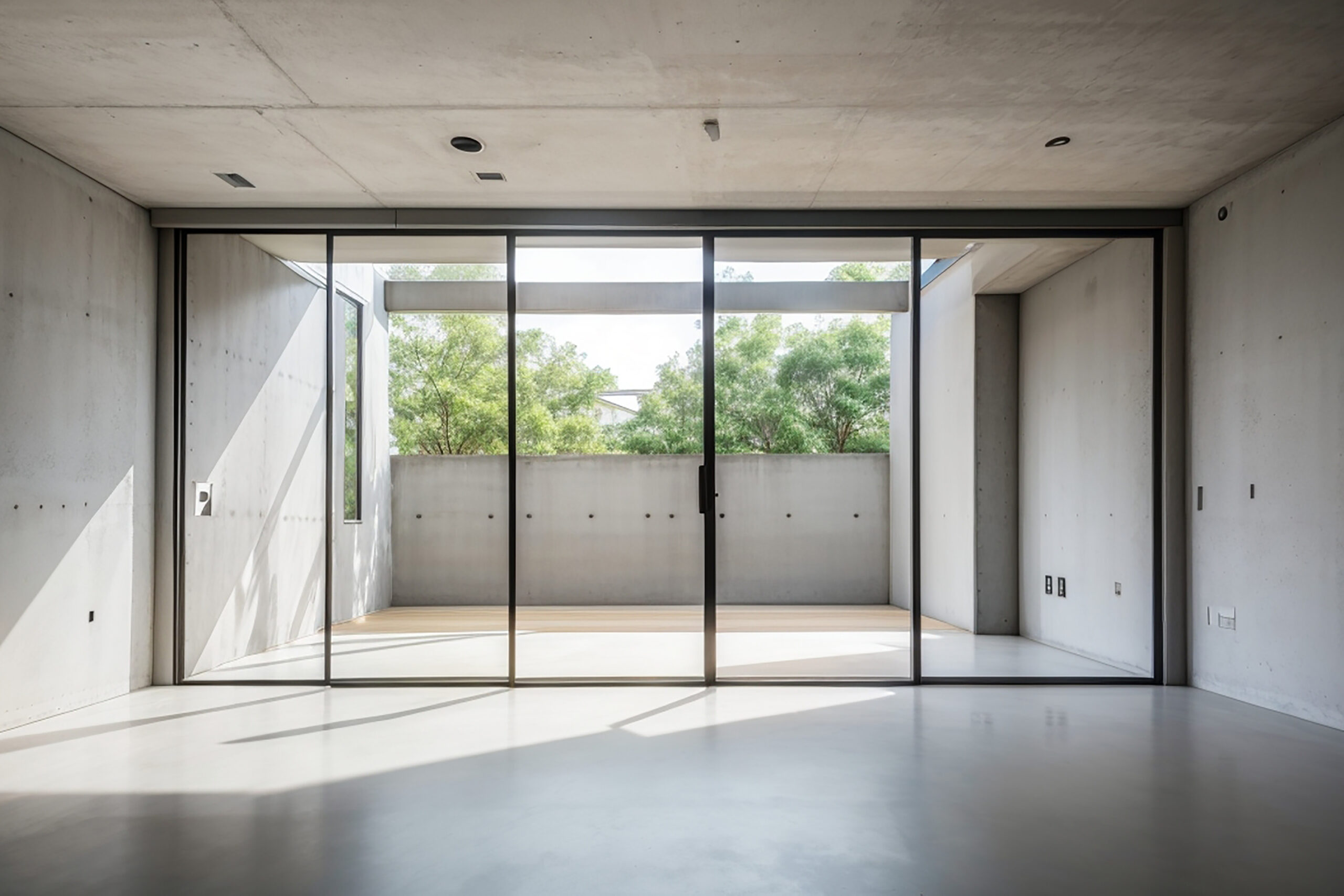 Empty room with glass door window frame house interior on concrete wall