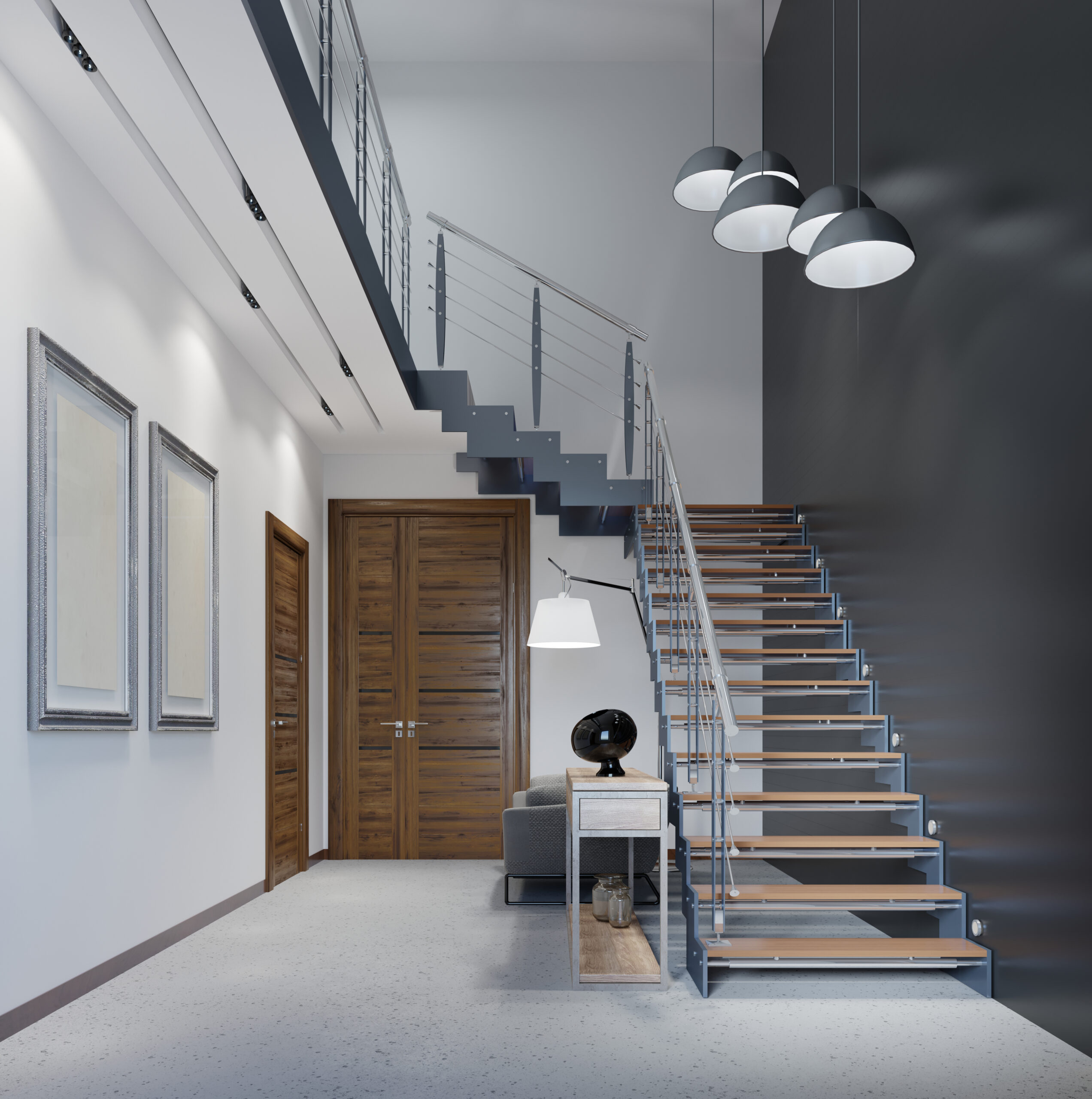 Staircase to the second floor in a modern apartment with metal railings and wooden steps with large pendant lamps, black and white design. 3d rendering.